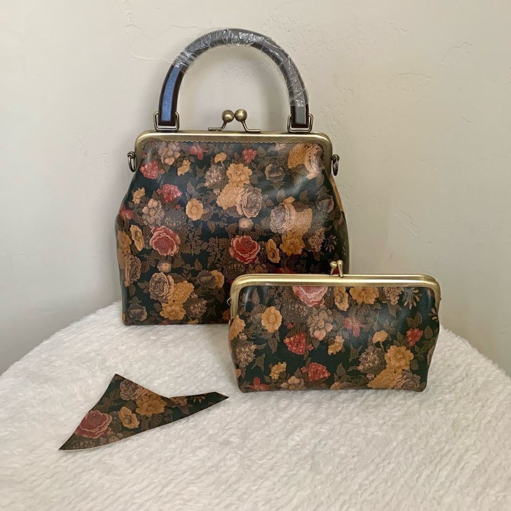 Handmadegenuine Leather Floral Print, Top Wood Handle Bag & Small Clutch Set